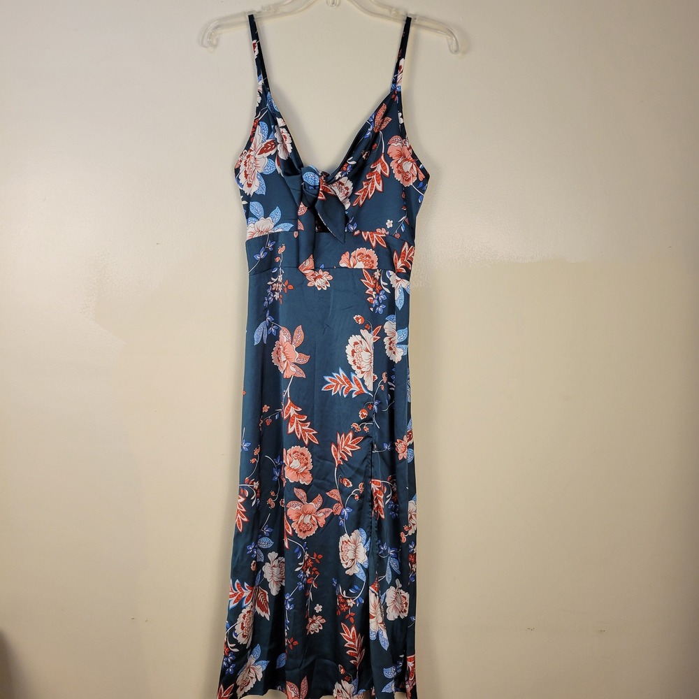 Teal Floral Satin Tie Front Maxi Dress Smocked Back Adjustable‎ Straps Size M